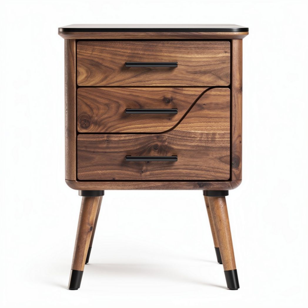 Mesa de noche de madera oscura con tres cajones y patas de metal 50 x 40 x 60cm