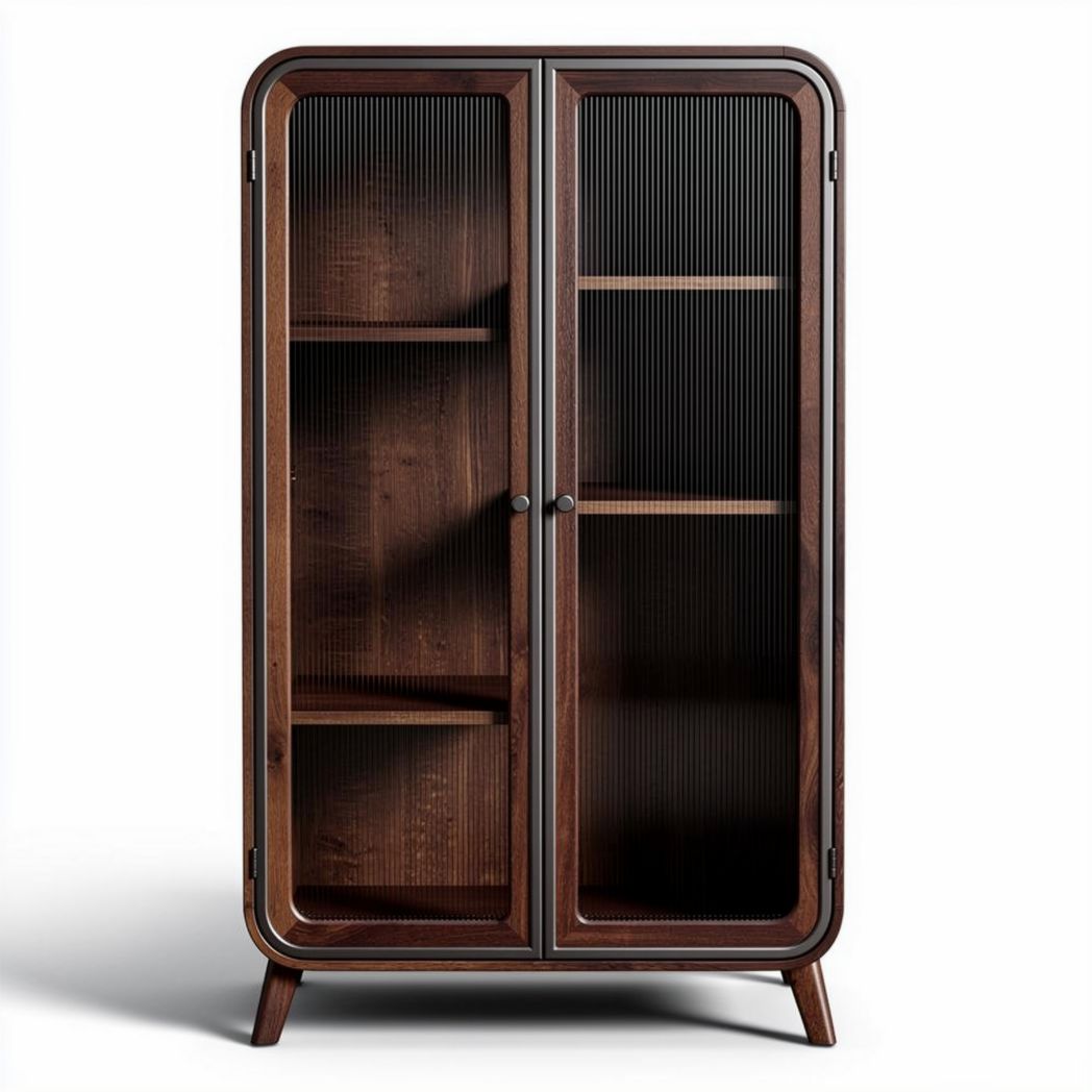 Armario de madera oscura con puertas de vidrio y estantes interiores tamaño 80 x 40 x 120cm