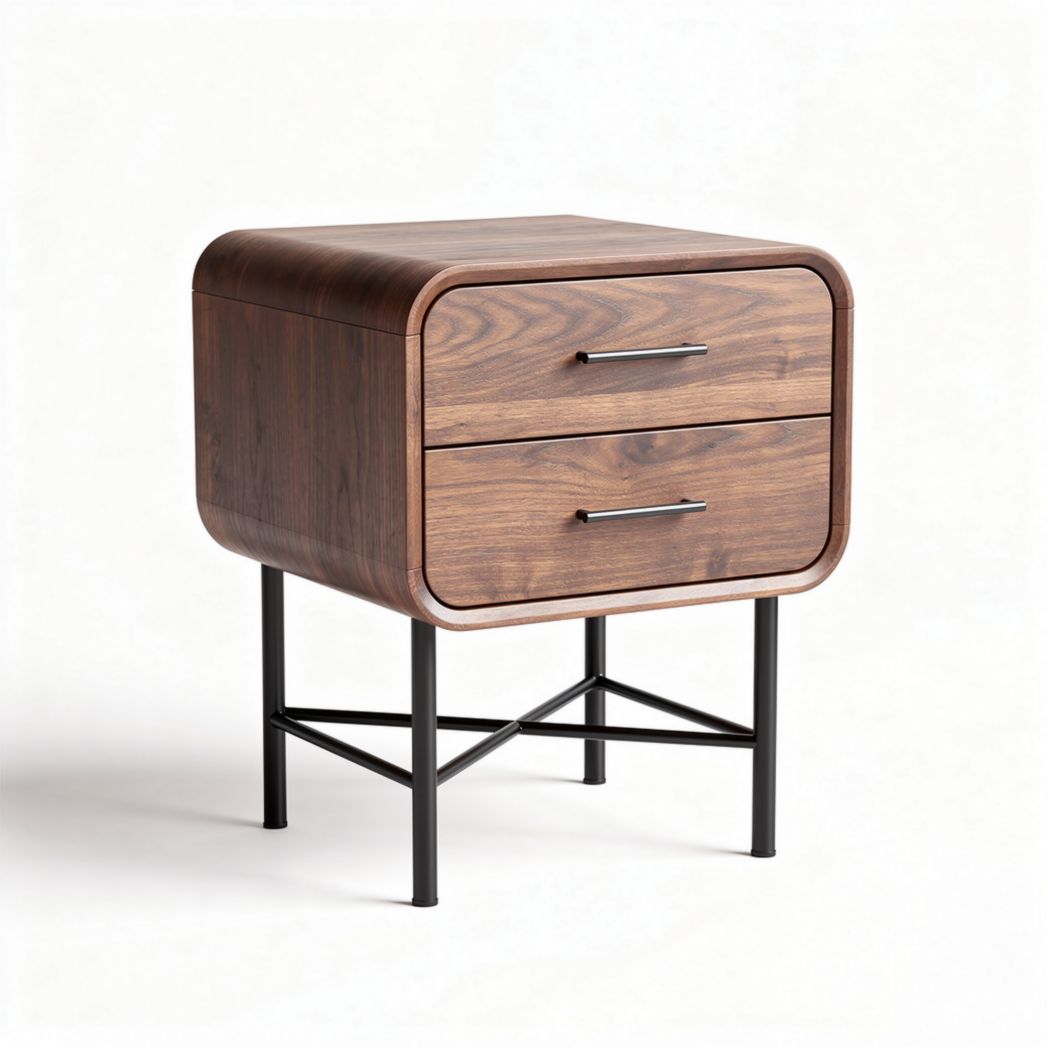 Mesa de noche de madera con dos cajones y base metálica 40 x 40 x 45cm
