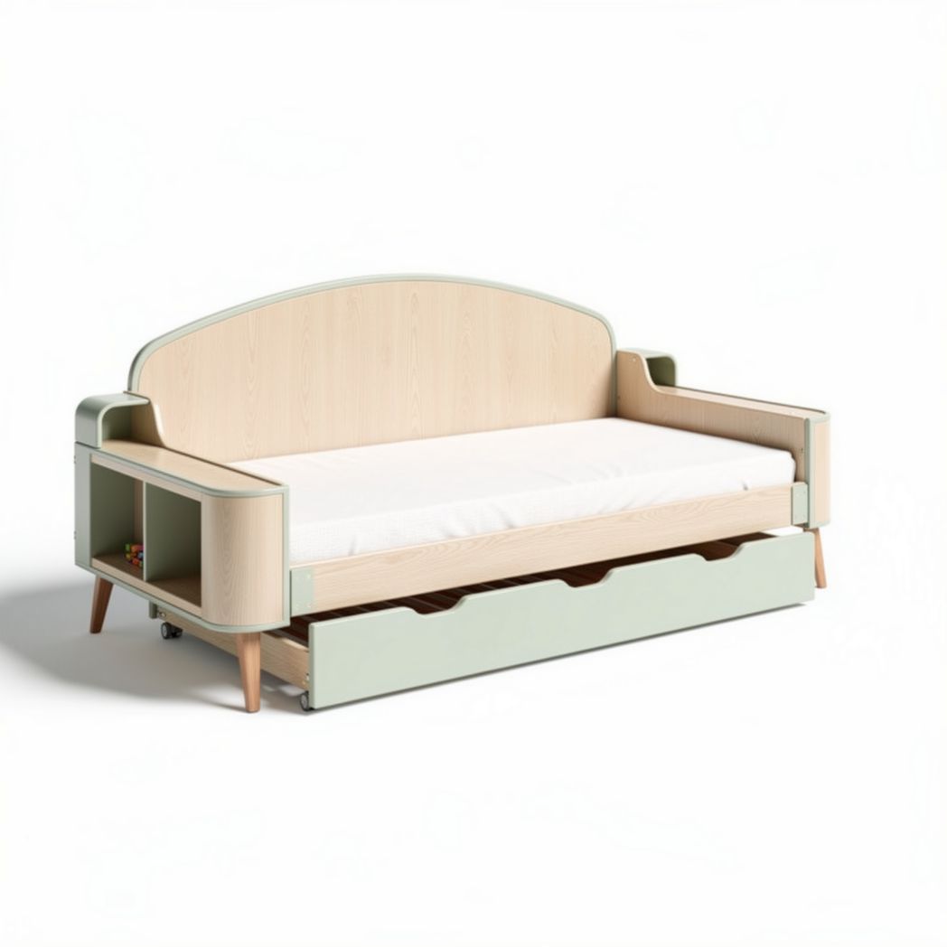 Sofá cama infantil de madera con almacenamiento en color natural y verde 200 x 90 x 80cm